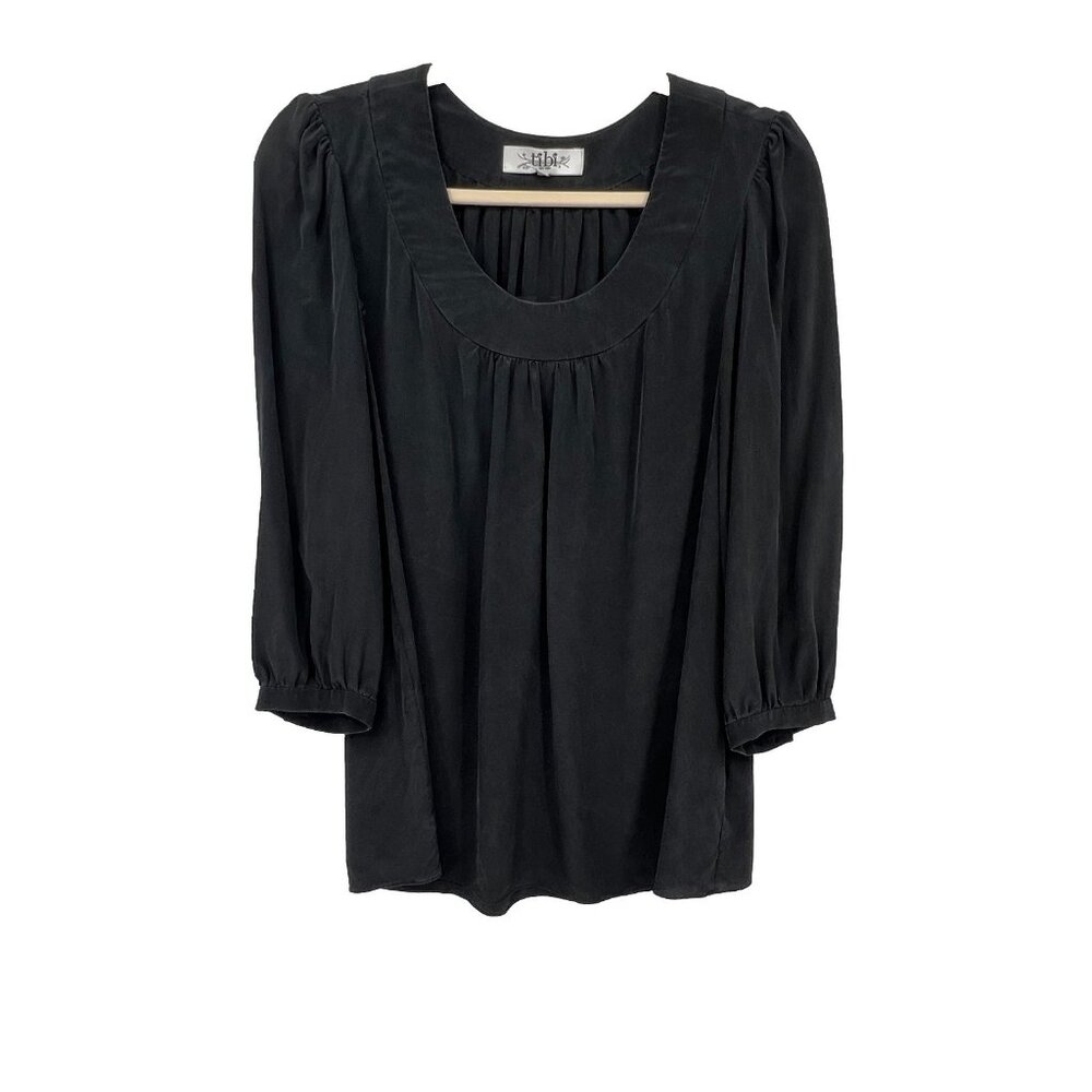 Tibi Top 100% Silk Blouse Size 4 Black 3/4 sleeves Y2K Pleated detail Pullover